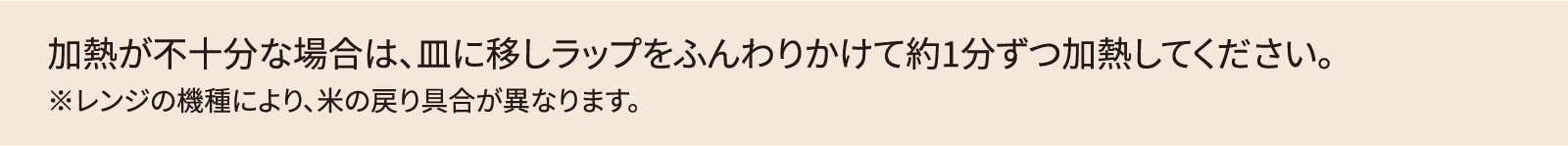 加熱が不十分な場合は、皿に移しラップをふんわりかけて約1分ずつ加熱してください。　